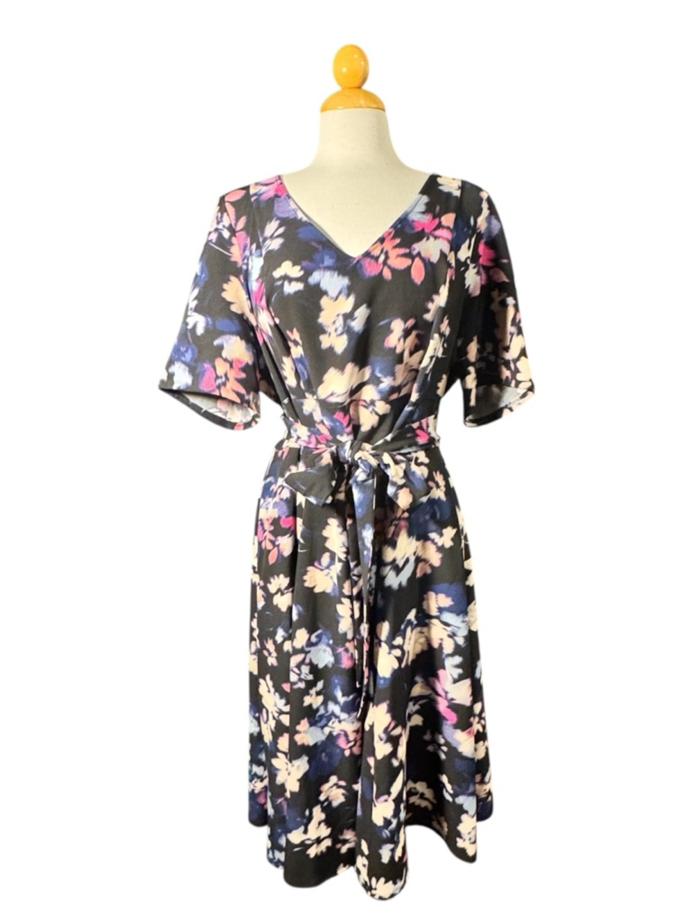 Lane Bryant Black Floral V-Neck Midi Dress with Tie Waist